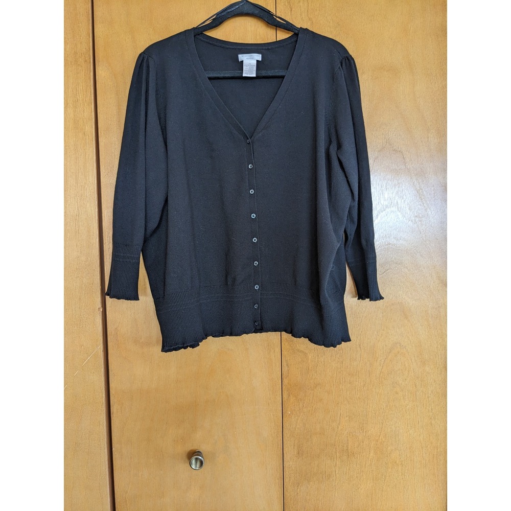 Worthington Woman Black V-Neck Button Front Cardigan Lettuce Edge 3/4 Sleeve 2X